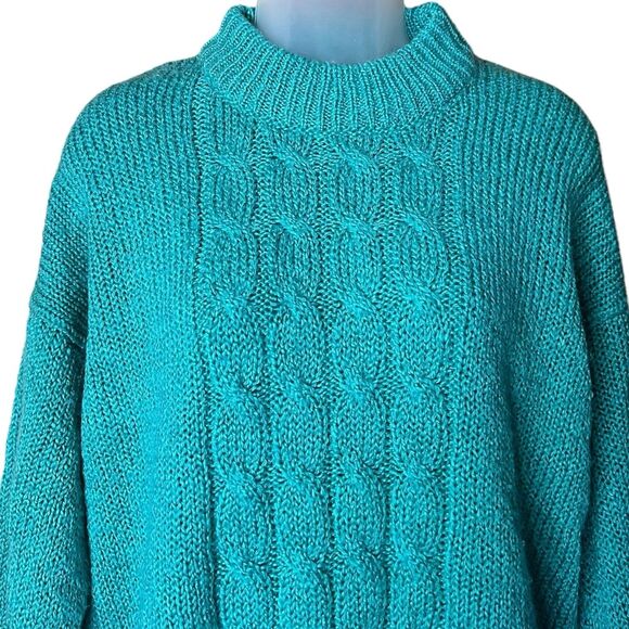 Vtg 80s Bristol Court Green Mock Neck Cableknit Grandma Sweater Sz M Chunky Knit - Picture 5 of 9